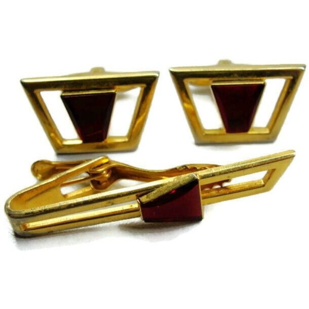 Dante Vintage Red Stone Cufflink Set Clasp Neck Tie Clip Gold Tone Shirt Tux